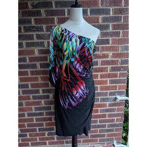 Vintage Y2K Bisou Bisou One Shoulder Dress- Black w/ Multi-color Abstract-Sz M/L